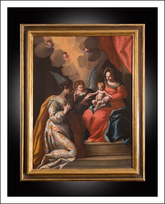 Dipinto antico olio su tela raffigurante il matrimonio mistico di Santa Caterina. Napoli XVIIIsecolo
