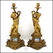 Antica Coppia Candelieri Candelabri Napoleone III in bronzo dorato e porcellane dipinte epoca XIXsec