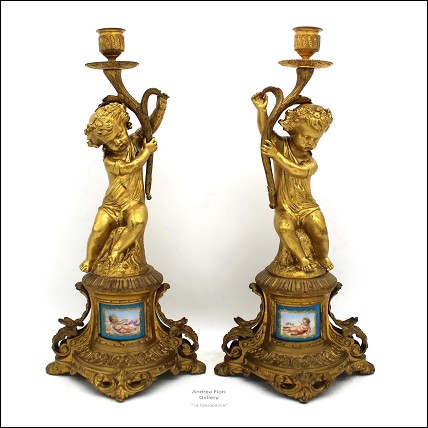 Antica Coppia Candelieri Candelabri Napoleone III in bronzo dorato e porcellane dipinte epoca XIXsec