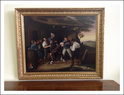 Olio su tela scuola fiamminga ’800 nel gusto di P. Brueghel -’Giocatori di bocce’
