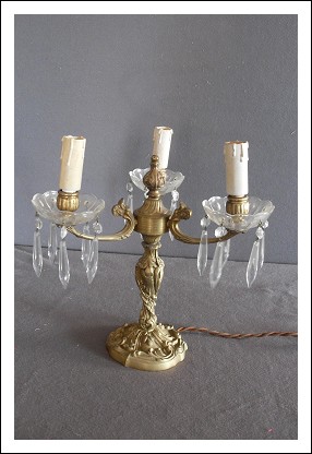 lampada da tavolo a tre luci in ottone e vetro, anni 30