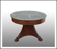 Tavolino antico con piede centrale in piuma di mogano e piano in marmo grigio bardiglio periodo XIX 